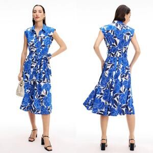 MILLY Dress Jules Camellia Midi Shirt Dress Collared Blue Sash Tie Floral Size 8